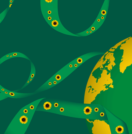the Sunflower lanyard in front of a globe